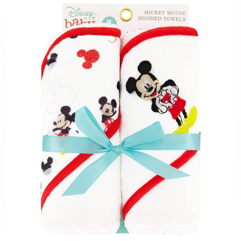 Disney Cudlie Baby Boy Mickey Mouse 2 Pack Rolled/Carded Hooded Towels in Happy